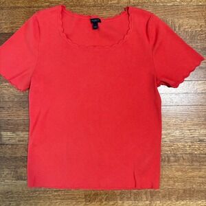 Ann Taylor‎ Factory Red Scallop Hem Knit Top Short Sleeve Blouse Women's Large